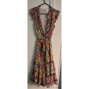 Lavender Brown Floral Giselle Dress Size‎ XS V-Neck Fit & Flare Boho Tie Waist